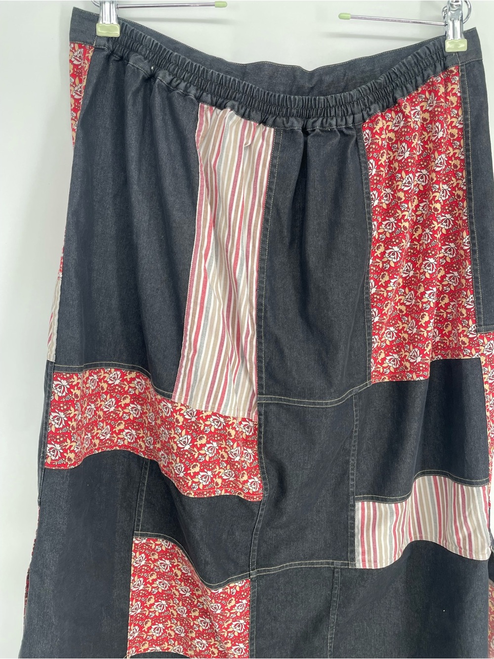80s 90s Koos Of Course! Patchwork Denim Style Midi Skirt Elastic Waist Cotton - Picture 13 of 15